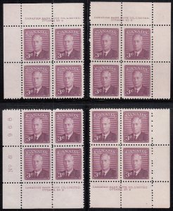 Canada 1949 MNH Sc #286 3c George VI Plate 8 Set of 4