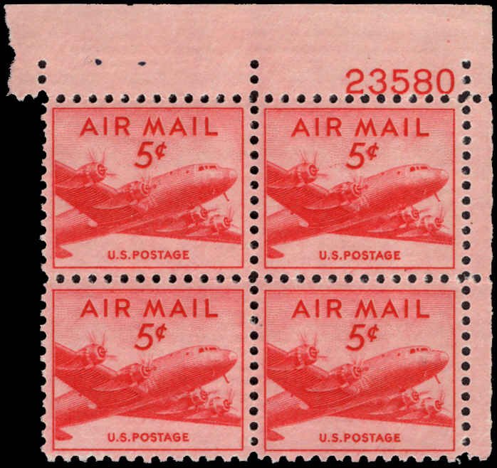 US #C33 5¢ SKYMASTER MNH UR PLATE BLOCK #23580 DURLAND .60¢