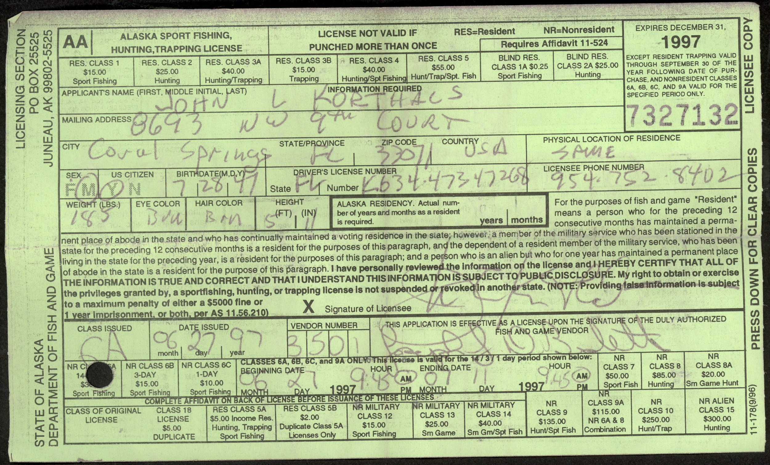 USA 1997 ALASKA FISH AND GAME HUNTING LICENSE w 35 NON RESIDENT SALMON