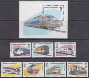 MALAGASY REPUBLIC Sc # 1200-7 CPL MNH SET of 7 + S/S VARIOUS LOCOMOTIVES, TRAINS