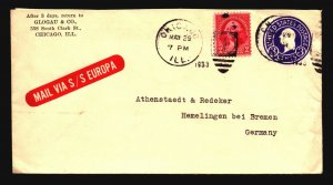 US 1933 SS Europa Uprated Stationery Cover to Germany - Z19212