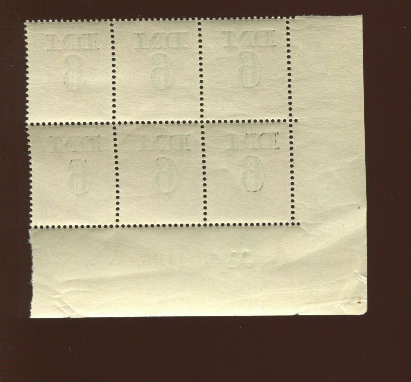 TR22 AMG TRAVEL PERMIT STAMPS 6DM MILITARY Surcharge Plate Block MNH (Bz 284)