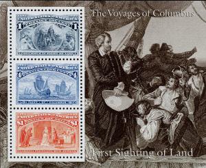 1992 Columbus, First Sighting of Land, Souvenir Sheet of 3 Scott 2624 Mint VF NH