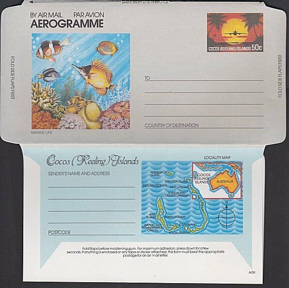 COCOS IS 50c Fish pictorial aerogramme unused...............................K172