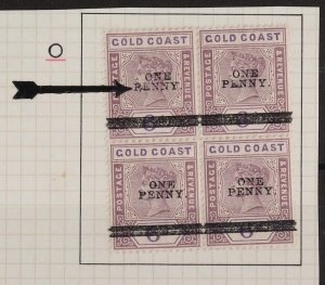 GOLD COAST 1901 'ONE PENNY' on QV 6d, block with variety 'P/E in Penny'.