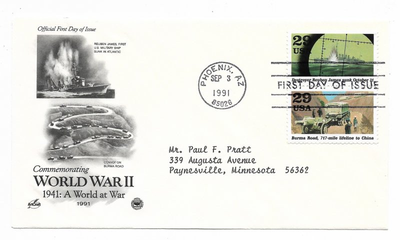 US 2559 a-j 29c World War II Set 5 pairs on FDCs Artcraft PCS Cachets ECV $32.00