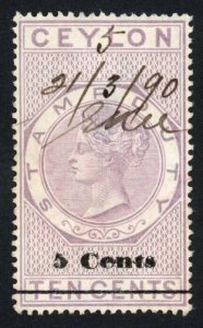 Ceylon Stamp Duty BF64 5c on 10c lilac wmk CA