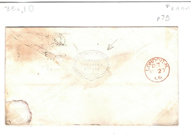 GB Cover MANCHESTER SHEFFIELD & LINCOLNS RAILWAY Office King's Cross 1866 35a.10
