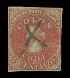 CHILE 1853  COLUMBUS  5c brown red  Scott # 1 used ESTAFETA cxl + wmk FA5-2(R)