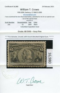 US SCOTT #245 MINT-VF-FULL DISTURBED O.G.-H GRADED 80 W/ CROWE CERT (4/22/21 GP)