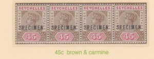 SEYCHELLES  1893 QV 45c Key Plate SPECIMEN   strip of 4