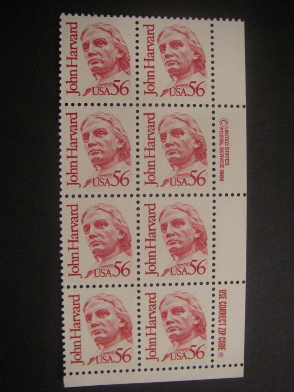 Scott 2190, 56c John Harvard, Zip & Copy block of 8 LR, MNH Great Americans