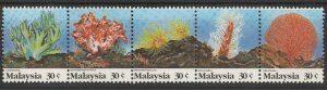 MALAYSIA 1992 Marine Life (4th Series) Corals Horiz strip of 5V SG#492a MNH