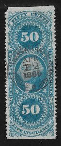 R58b Used, 50c, Life Ins. Hand Stamp , scv: $200, FREE INSURED SHIPPING