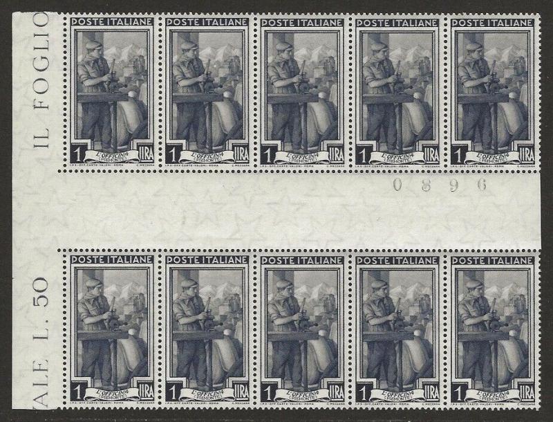 Italy 1955-57 Italy to Work 1L GUTTER BLOCK of 10 Scott #669 VF-NH 