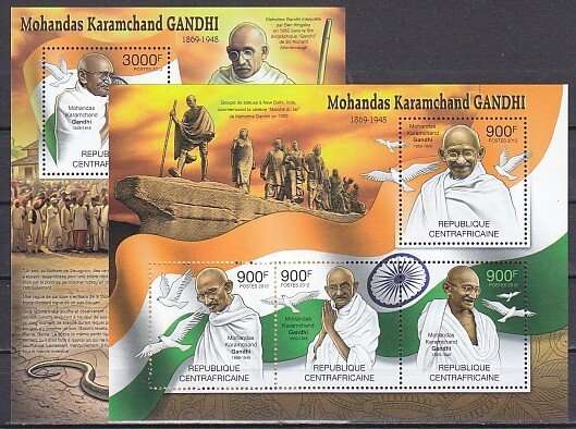 Central Africa, 2012 issue. Mahatma Gandhi sheet of 4 & s/sheet. ^