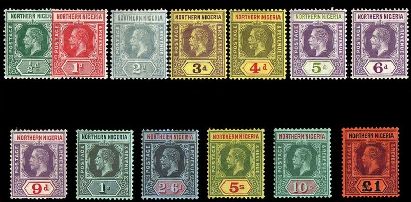 Northern Nigeria #40-52 Cat$315.25, 1912 George V, 1/2p-£1, complete set, hinged