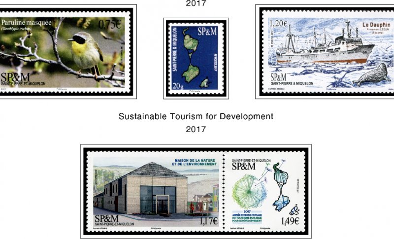 COLOR PRINTED ST. PIERRE AND MIQUELON 2011-2023 STAMP ALBUM PAGES (49 ill pages)
