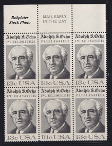 BOBPLATES #1700 Adolph Ochs Mail Early Block of 6 F-VF NH ~ See Details for Pos