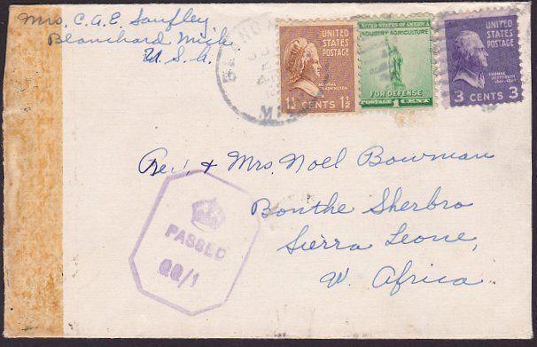 USA TO SIERRA LEONE 1943 censor cover to Bonthe, local QQ/1 censor.........67612