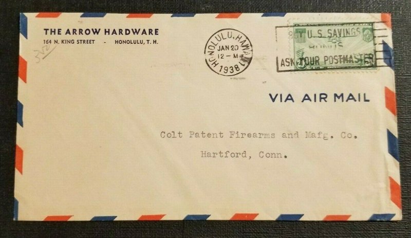 1938 Advertising Air Mail Cover Honolulu Hawaii to Hartford Connecticut