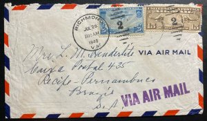 1940 Richmond VA Usa Airmail Cover To Recife Pernambuco Brazil