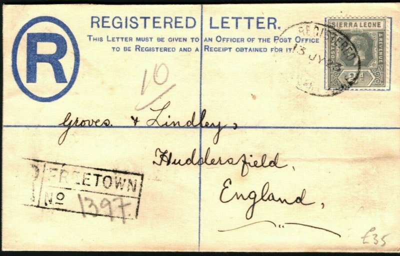 SIERRA LEONE KGV Cover Freetown Registered Plymouth GB Huddersfield 1923 PB223