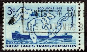1955, US 3c, Map of Great Lakes and Two Steamers, Used, Sc 1069