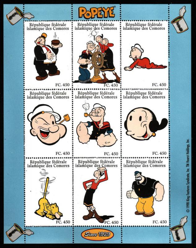 Comoro Islands #832L sheet of 9, F-VF Mint NH ** Popeye