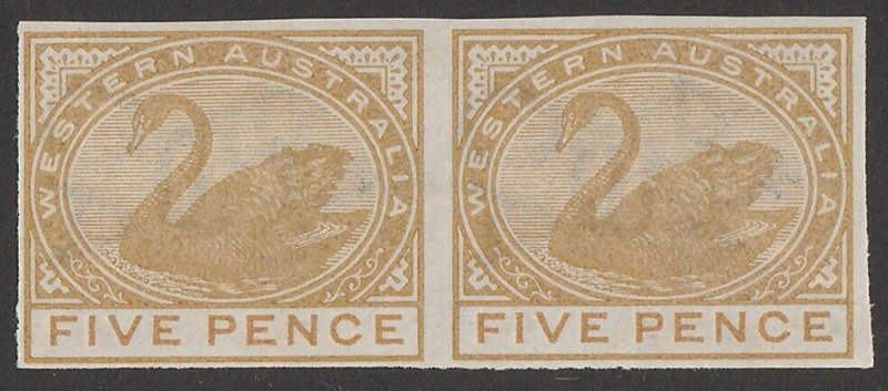 WESTERN AUSTRALIA 1885 Swan 5d IMPERF pair, imprimatur. MNH **. 1 sheet existed.