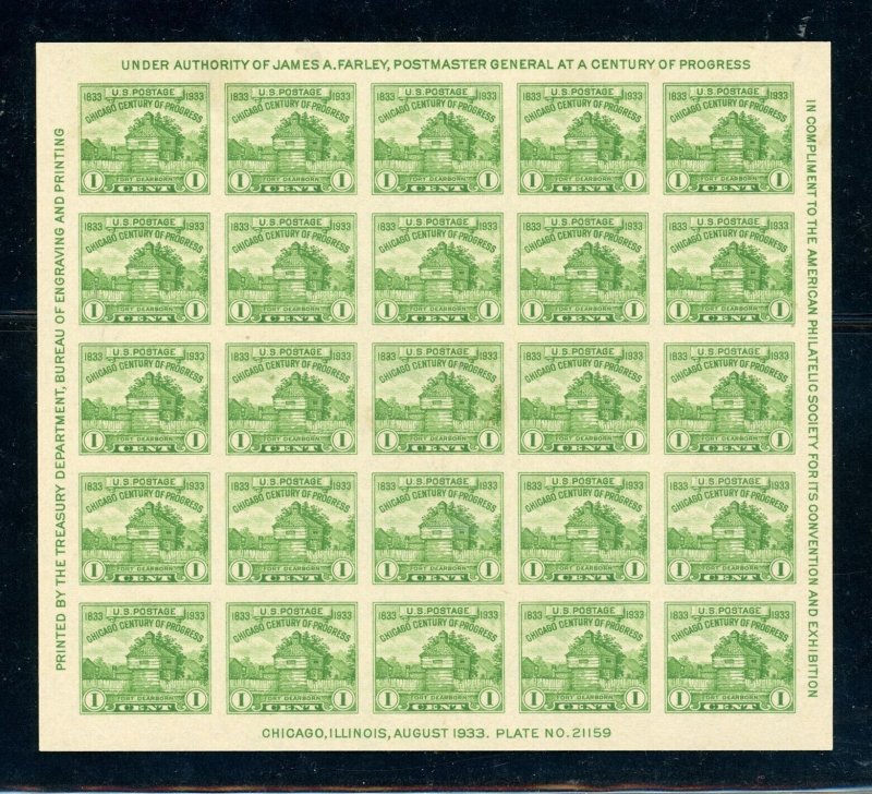 US Stamp #730 Fort Dearborn 1c - Souvenir Sheet - MNG - CV $20.00