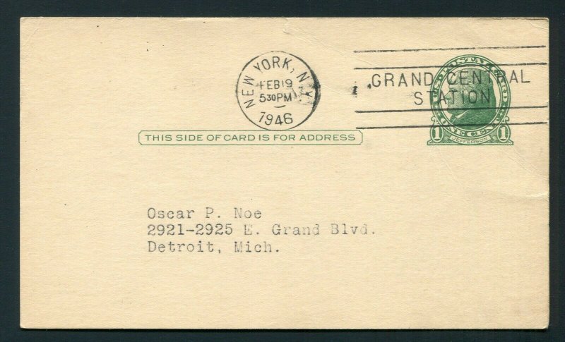 1946 Postal Card - Stamp Dealer Nicolas Sanabria - New York, NY to Detroit, MI