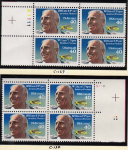 1991 William T. Piper, aviator Sc C129 & C132 AIRMAIL 40c plate blocks - Typical