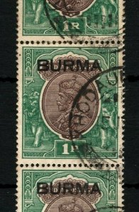 BURMA KGV Stamps STRIP{3} 1R High Value Used KHODAUNG CDS India Overprint SS3831
