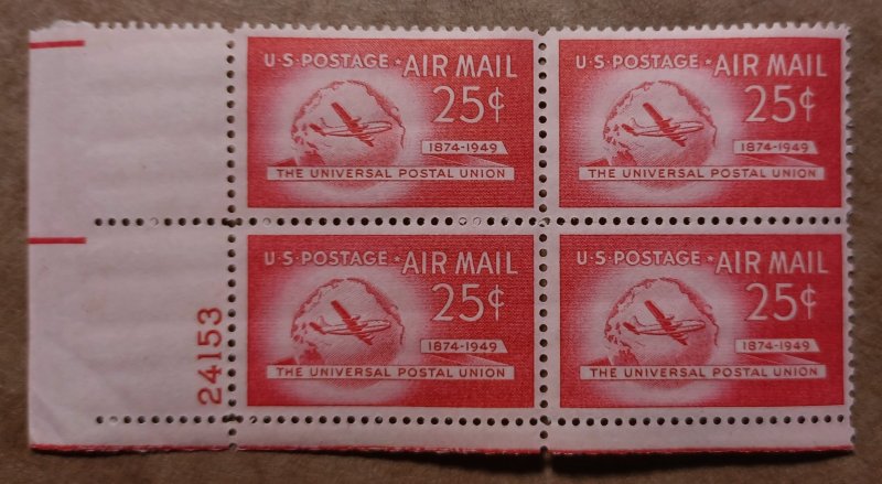 United States #C44 25c Universal Postal Union MLH block of 4 plate #24153 (1949)