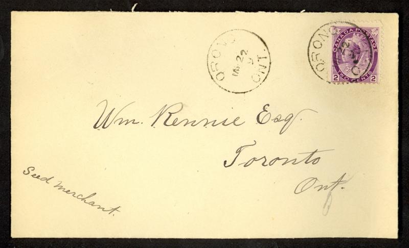 CANADA 1899 QV 2c Purple Sc 76 on Cover ORONO to TORONTO via CASTLE