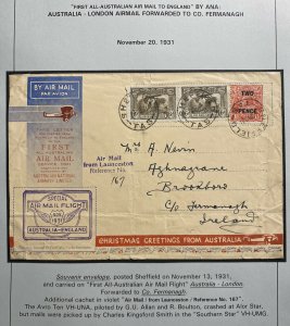 1931 Sheffield Tasmania First Special Flight Airmail Cover To Fermanagh Ireland