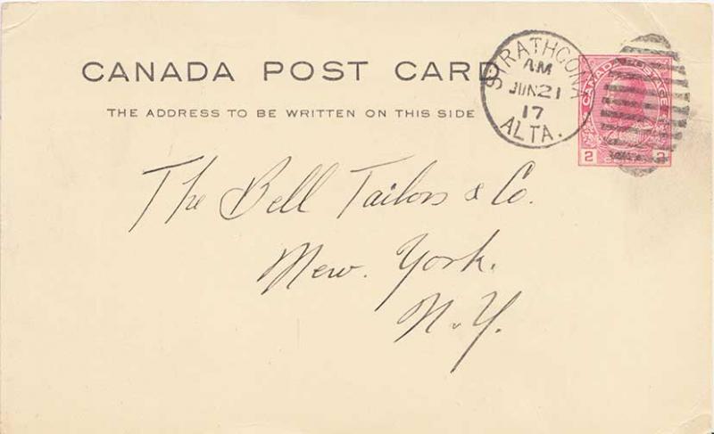 Canada 2c KGV Admiral Postal Card 1917 Strathcona, Alta. to New York, N.Y.  C...