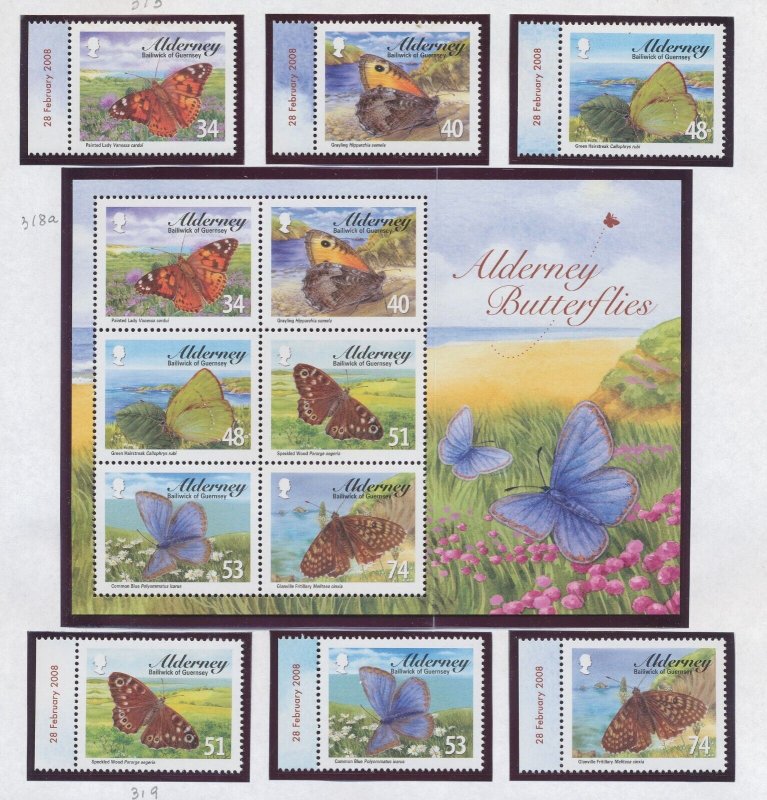 ALDERNEY GUERNSEY - Scott 313-318a - MNH set & S/S - insects, Butterflies - 2008