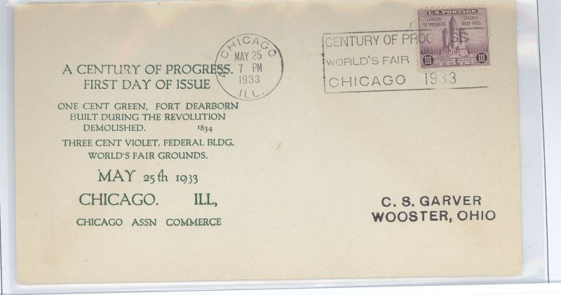 US 729 1933 3c Century of Progress (single) on an addressed FDC with a Chicago Association of Commerce (First Cachet)