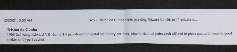 MOMEN: TRISTAN DA CUNHA 1908 POSTAL STATIONERY LOT #64269