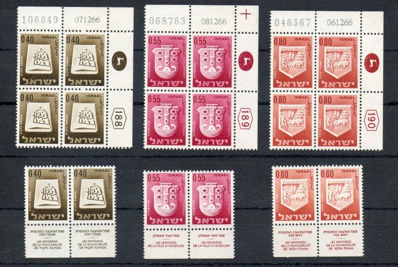 Israel Town Emblems-I Plate Blocks plus Tabbed Pairs MNH