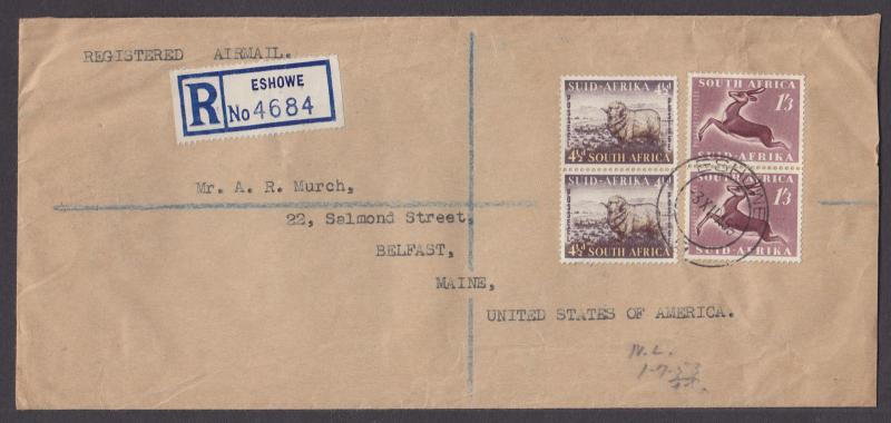 South Africa Sc 195-196 on 1953 Registered Air Mail Cover to Belfast, Maine