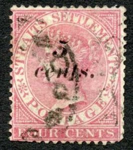 Straits Settlements SG47 5c on 4c rose used Cat 425 pounds