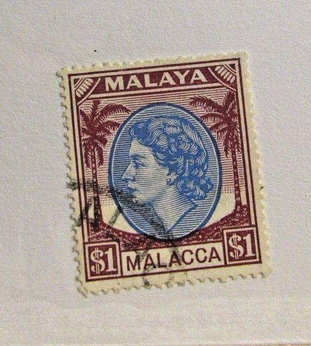 MALAYA  MALACCA Sc #42 Θ used $1, QEII postage stamp, Fine +