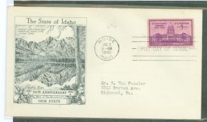 US 896 1940 3c Idaho Statehood/50th Anniversary (single) on an addressed (typed) FDC with an Artistocrats Gilbert cachet.