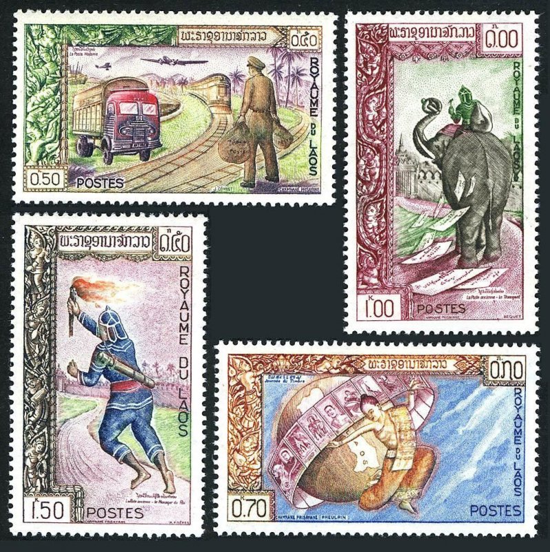 Laos 77-80, MNH. Michel 124-127. Stamp Day.Modern,Ancient mail service,Elephant,