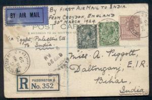 GREAT BRITAIN 1929 First Flight LONDON-KARACHI INDIA registered card, VF