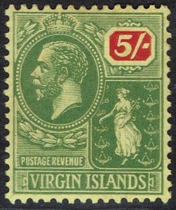 BRITISH VIRGIN ISLANDS 1922 KGV ST URSULA 5/- WMK MULTI SCRIPT CA