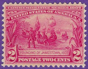 US Scott #329 2¢ Founding of Jamestown, Mint-LH, Usual Tight Margins, SCV $32.50